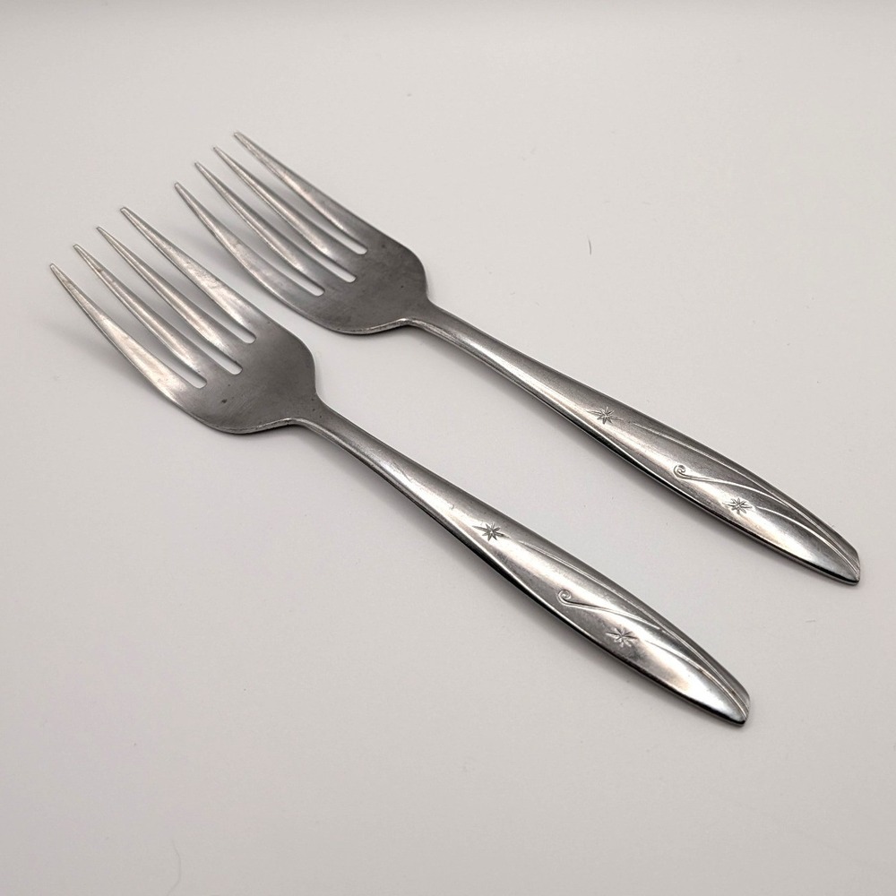 Vintage Japan Stainless Salad Forks Atomic Starburst Scroll MCM 6" Set of 2